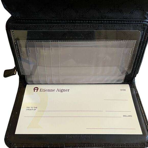 NWOT Etienne Aigner Vintage Black Croc-Embossed Leather Clutch Checkbook Wallet - Picture 6 of 9